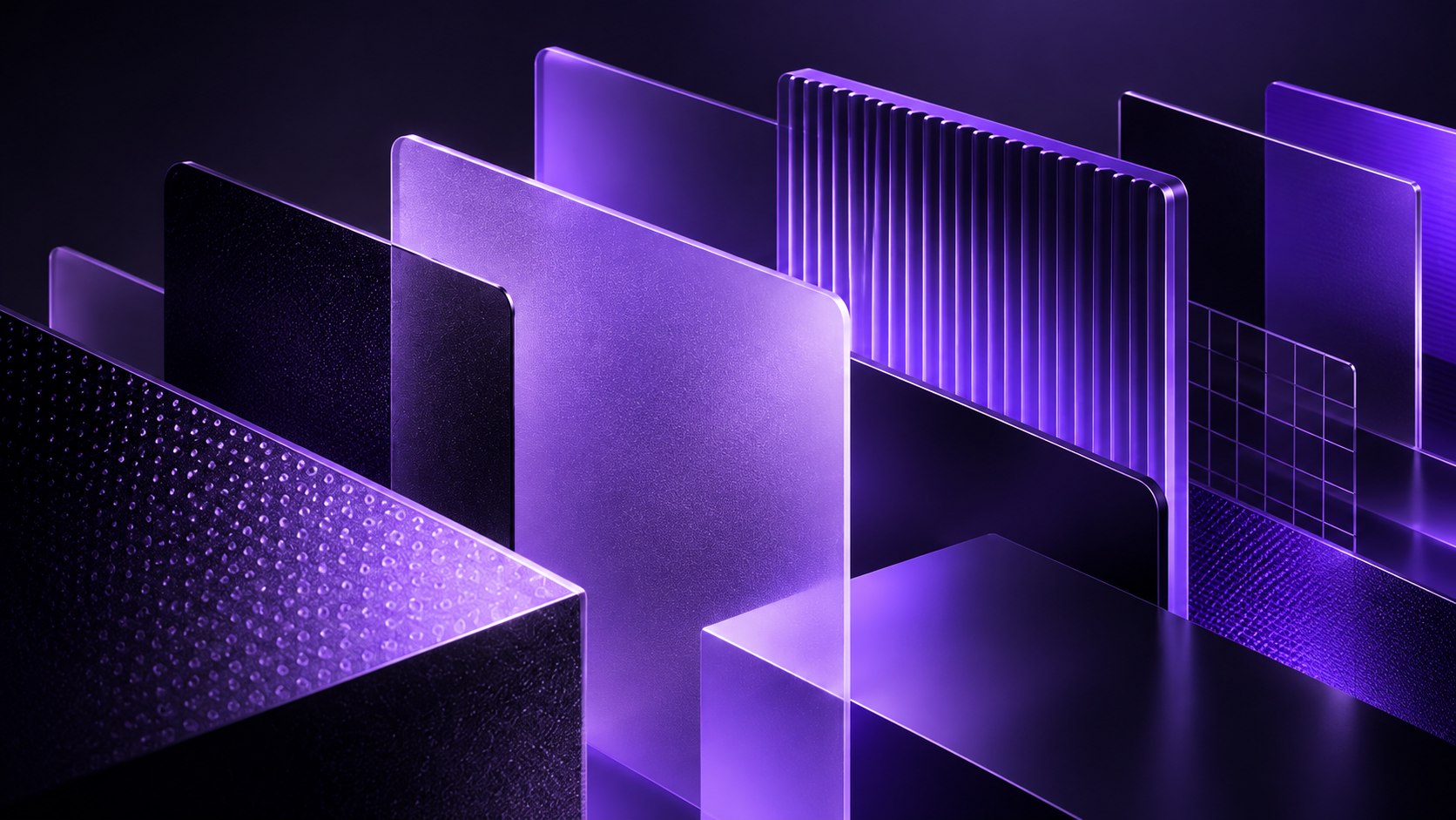 Layered violet architectural panels emerging from a dark environment